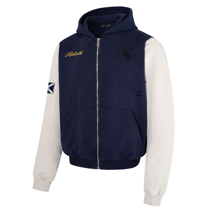 Angled front view of a navy hoodie with cream sleeves, full zipper, hood, kangaroo pockets, and chest graphics