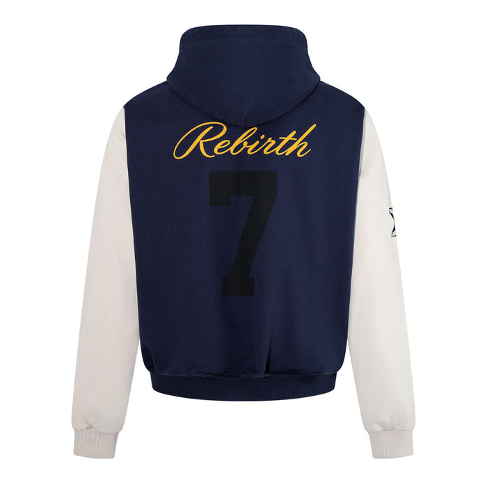 Back view of a navy and cream hoodie featuring yellow Rebirth script and a large black number 7