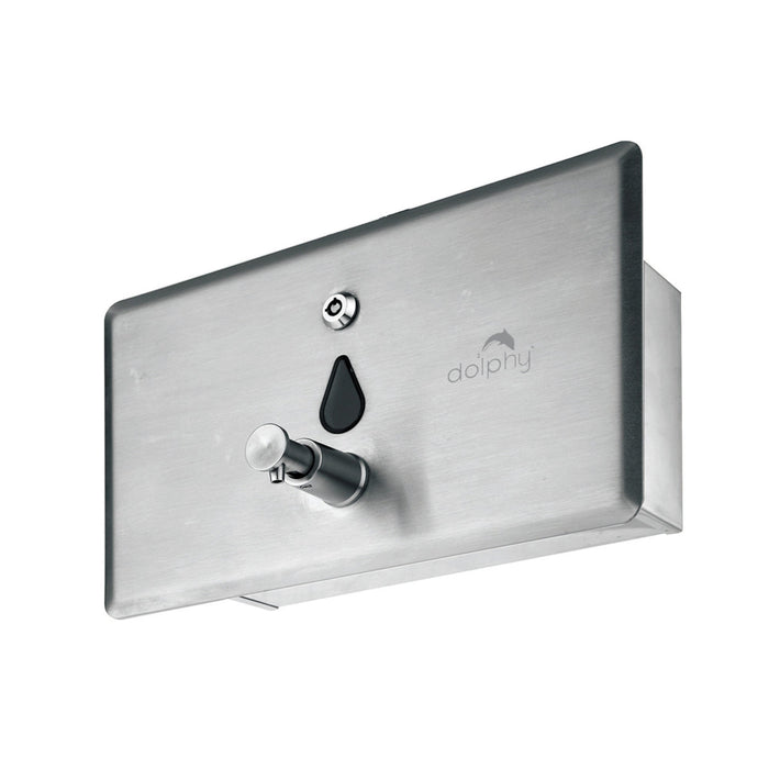 Recessed mounted soap dispenser in stainless steel, sitting flush to the wall