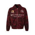 Front view of a dark red burnout wash zip-up hoodie with Restarall Studio gothic lettering and emblem prints