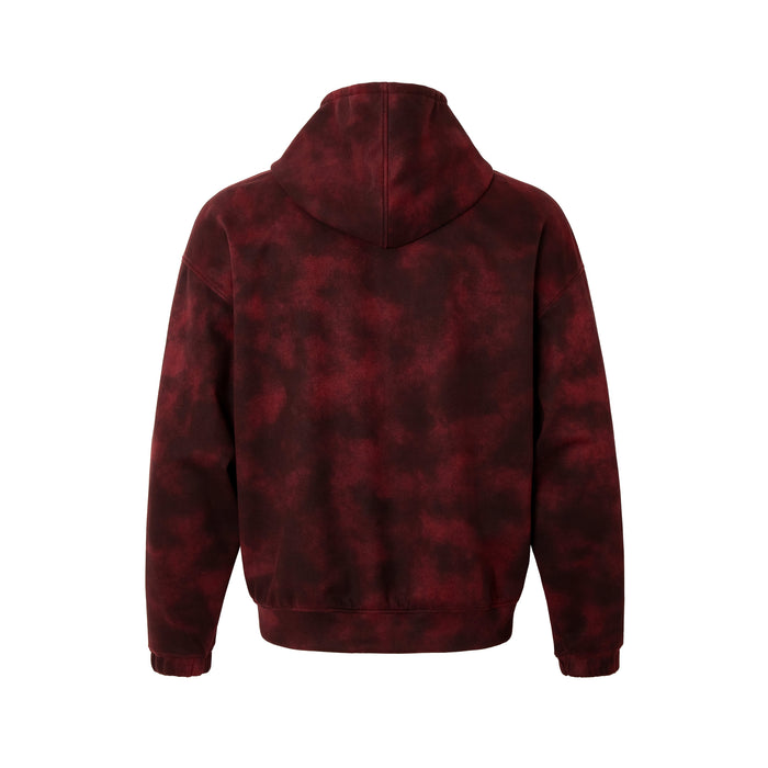 Back view of burgundy zip-up hoodie with burnout wash and hood