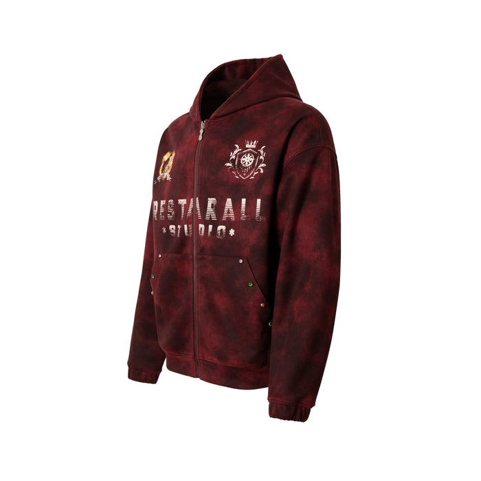 Three-quarter front view of burgundy hoodie with printed logo and front pockets