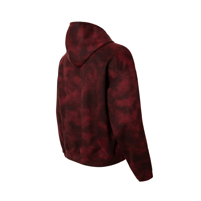 Back three-quarter view of burgundy burnout wash hoodie with hood