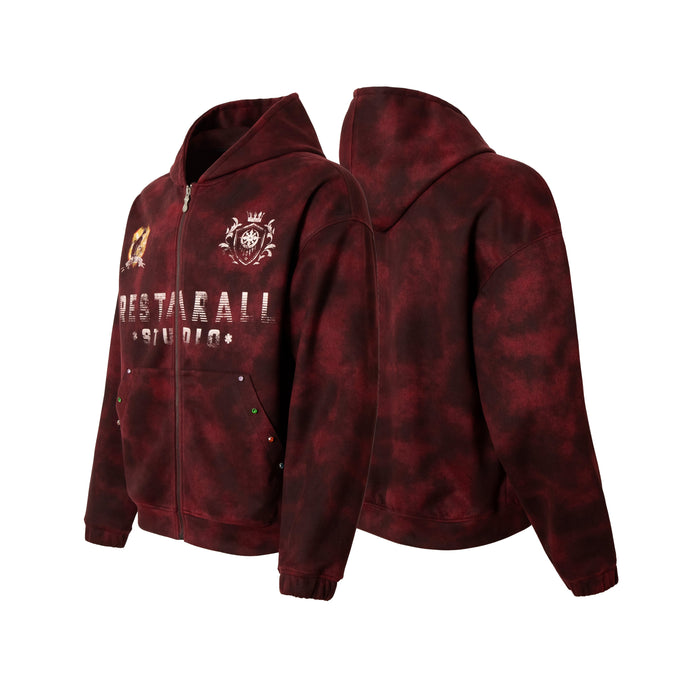 Front and back angled views of burgundy zip-up hoodie