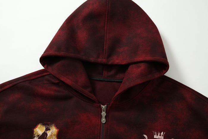 Close-up of hood and top zipper on burgundy burnout wash hoodie