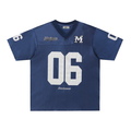 Navy retro football jersey tee with white number 06, varsity M patch, and streetwear styling on a V-neck shirt