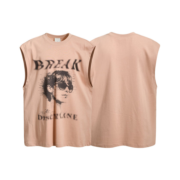 Beige sleeveless tank top with retro portrait graphic on the front and plain back