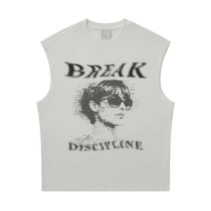 White sleeveless tank top with retro portrait graphic and blurry BREAK DISCIPLINE text