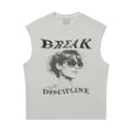 White sleeveless tank top with retro portrait graphic and blurry BREAK DISCIPLINE text