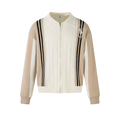 Cream cable-knit zip jacket with beige sleeves, black varsity stripes, front view