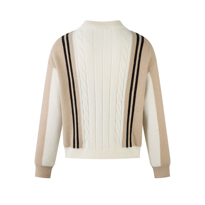 Back view of cream cable-knit zip jacket with beige sleeves and black stripe panels
