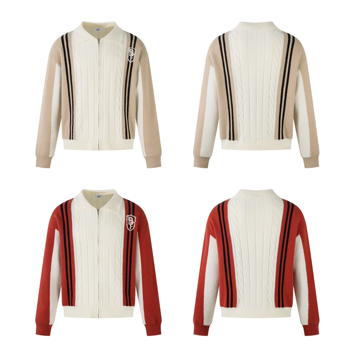 Flat lay of cream cable-knit zip jacket front and back in beige colorway