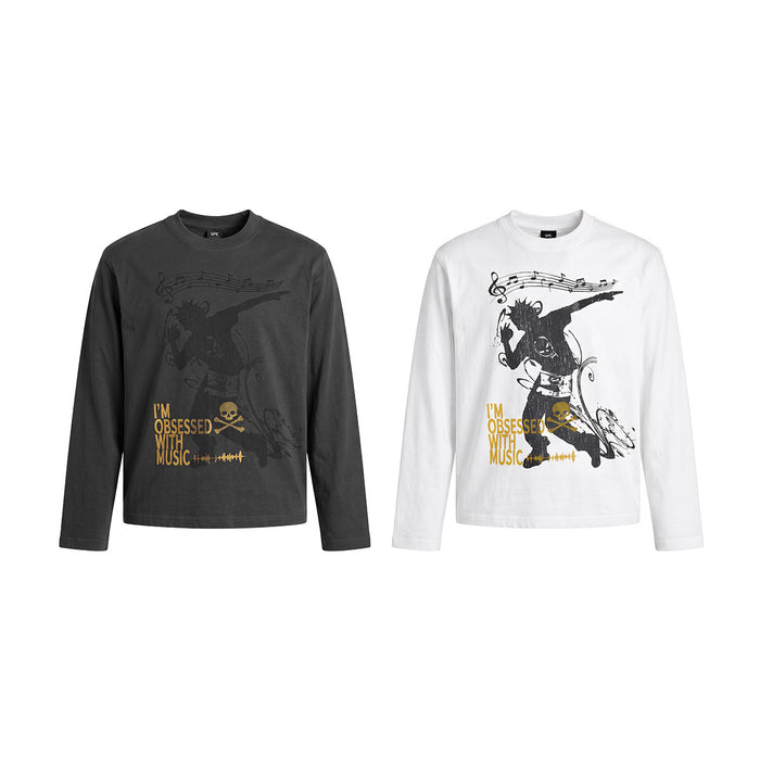 Charcoal and white long sleeve crew neck tees with music notes, punk figure, and yellow text graphics