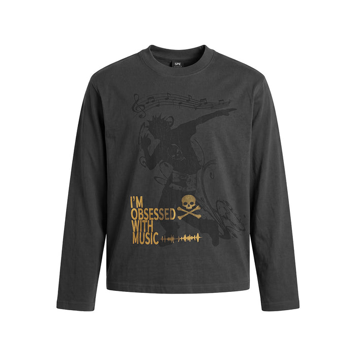 Men's long sleeve crew neck tee in charcoal grey with punk rock performer silhouette, musical notes, and gold skull graphic p