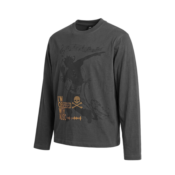 Charcoal long sleeve crew neck tee featuring a black punk figure, musical notes, and yellow music-themed text