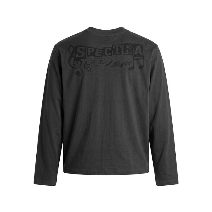 Back view of charcoal long sleeve tee with dark Spectra lettering and musical notes across the shoulders