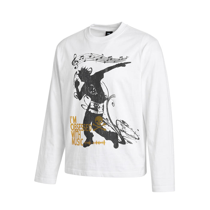 Angled front view of white long sleeve crew neck tee with punk figure, music notes, skull, and yellow lettering