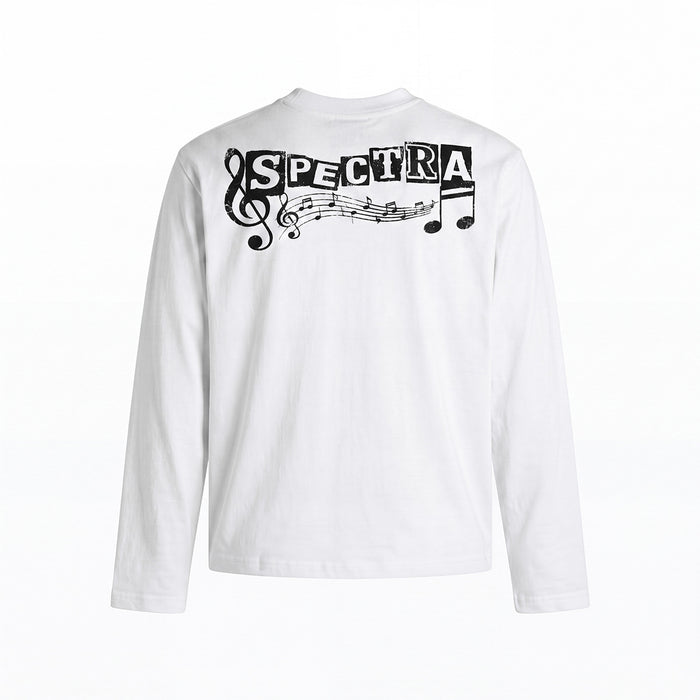 Back view of white long sleeve tee featuring bold Spectra lettering and black musical notes