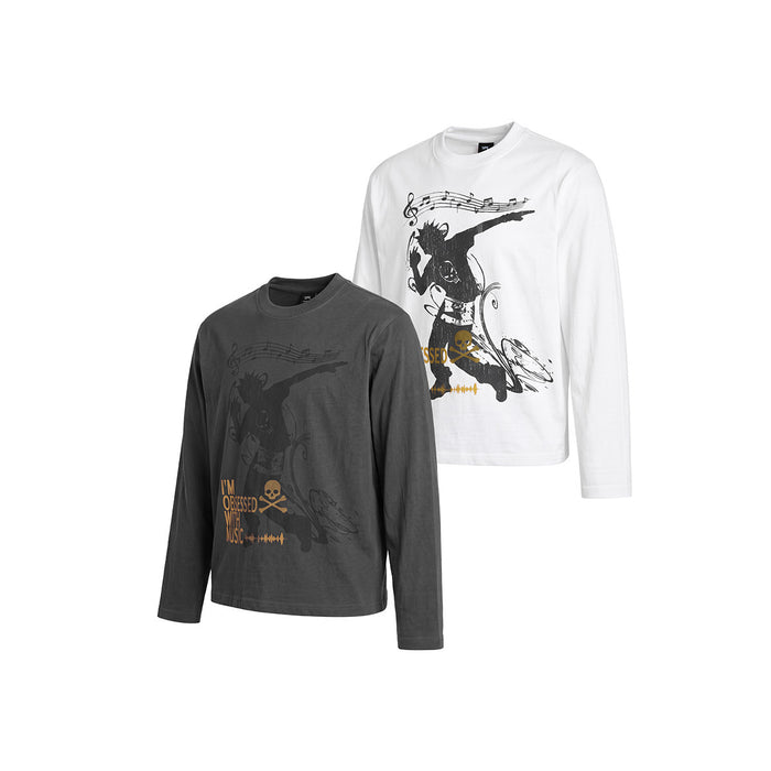 White and charcoal long sleeve tees shown from the front with punk music graphics and yellow text