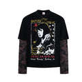 Saints Desires black graphic long-sleeve tee with dark camo faux-layered sleeves, front and back view