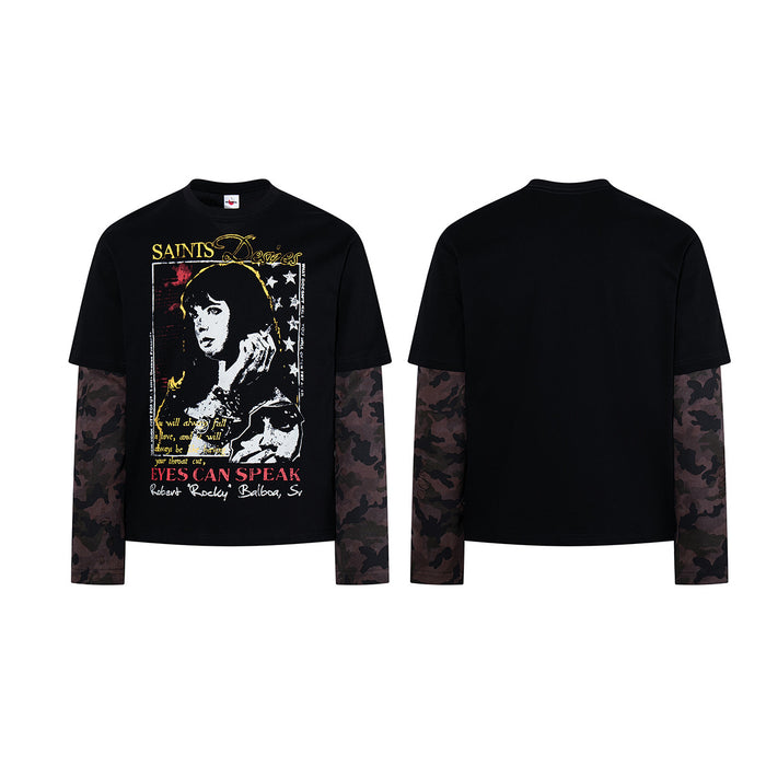 Black layered long-sleeve T-shirt shown front and back, with a rock graphic and brown camouflage sleeves