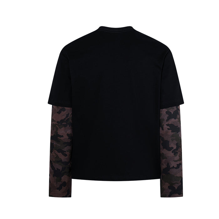 Back view of a black layered long-sleeve T-shirt with contrasting brown camouflage sleeves