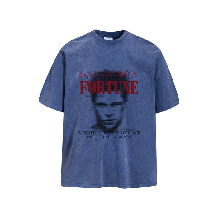 Blue acid wash oversized crew neck T-shirt with Salvation Fortune front graphic