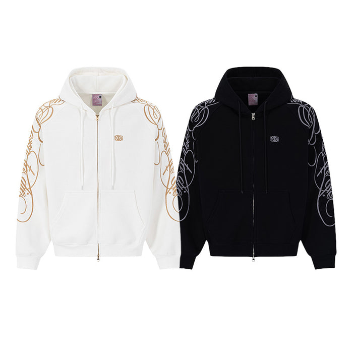 White and black zip-up hoodies with oversized fit, gold and white sleeve embroidery, and front pockets