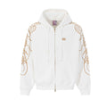 Oversized zip-up hoodie with gold script embroidery on sleeves, off-white colorway, front view