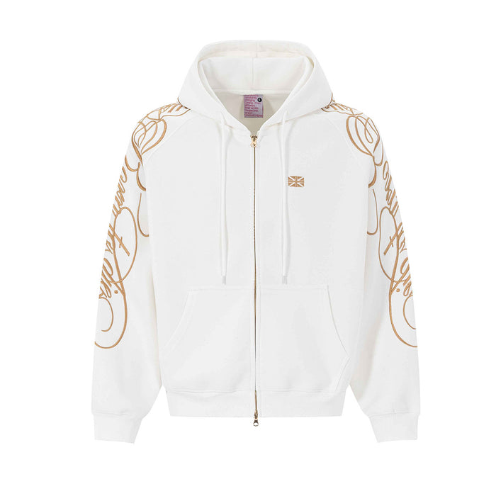 Oversized zip-up hoodie with gold script embroidery on sleeves, off-white colorway, front view