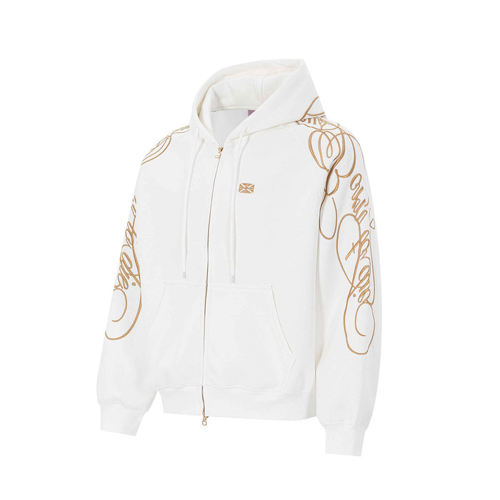 White zip-up hoodie shown from an angled front view with gold script embroidery on the sleeves