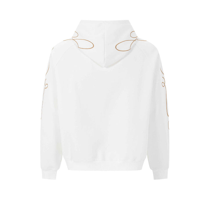 Back view of a white zip-up hoodie with gold curved embroidery visible on the hood and sleeves