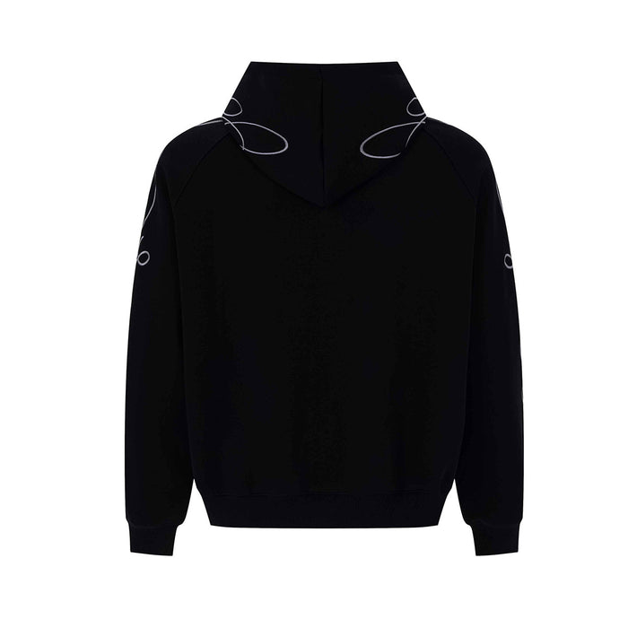 Back view of a black zip-up hoodie with white curved embroidery visible on the hood and sleeves