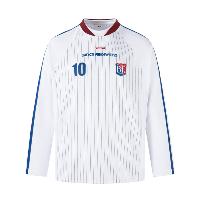 White long-sleeve football jersey with pinstripes, red collar, blue shoulder trim, front view
