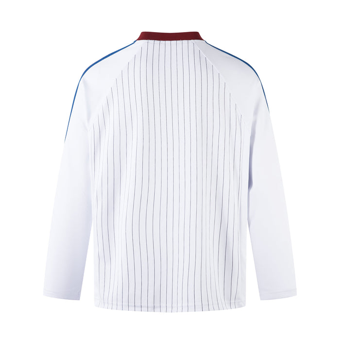 Back view of white long-sleeve football jersey with thin pinstripes and red collar