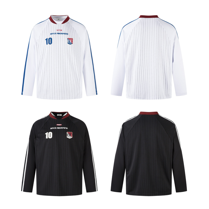 Front and back views of white pinstripe long-sleeve football jersey with red collar