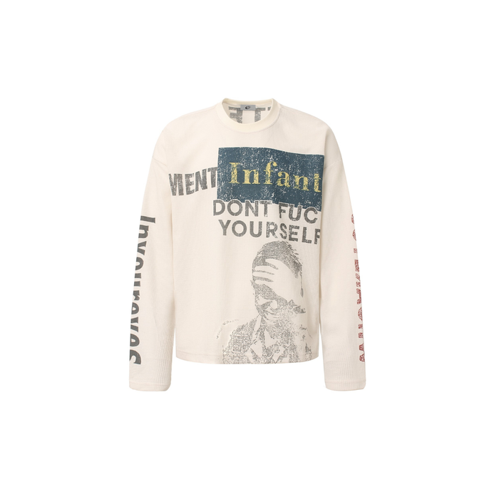Front of cream waffle long sleeve shirt with graphic text and face print