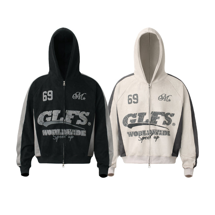Omirad GLFS retro zip hoodie in black and off-white with cracked vintage graphics and contrast sleeve panels