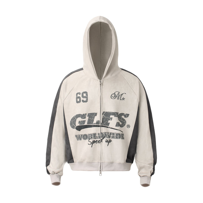 Beige zip hoodie with black sleeve panels and cracked GLFS front graphic, front view