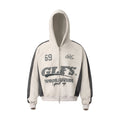 Beige zip hoodie with black sleeve panels and cracked GLFS front graphic, front view