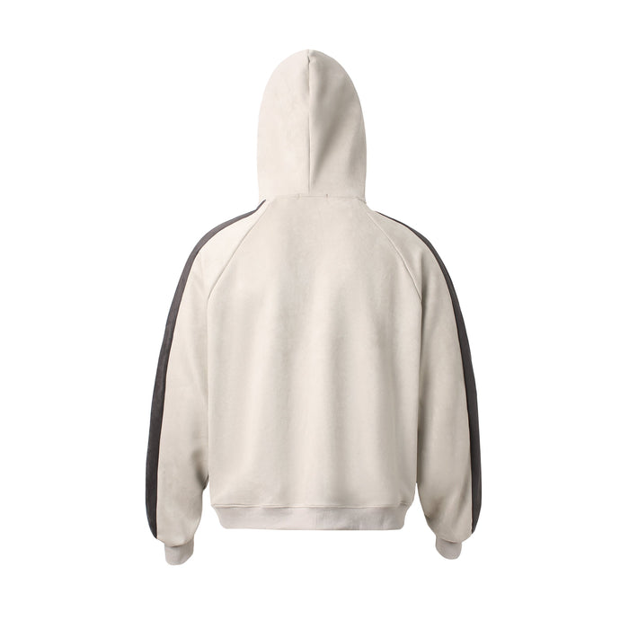 Back view of beige hooded zip sweatshirt with black side panels and plain suede-finish back