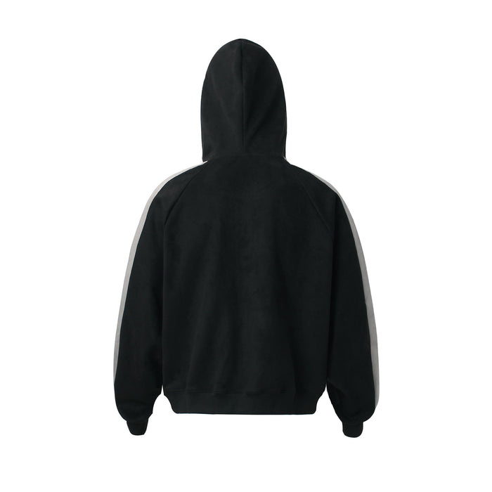 Back view of black hooded zip sweatshirt with gray sleeve stripes and plain back