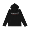 Black V-neck hooded long sleeve top with white gothic logo and small chest symbols, front view