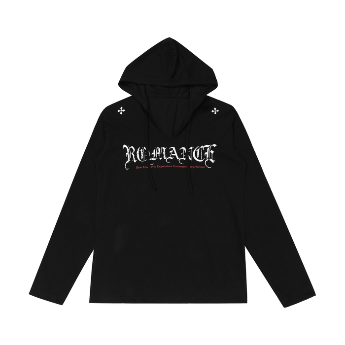 Black V-neck hooded long sleeve top with white gothic logo and small chest symbols, front view