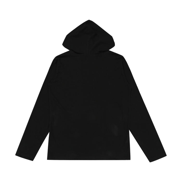 Black hooded long sleeve top, back view with plain solid finish