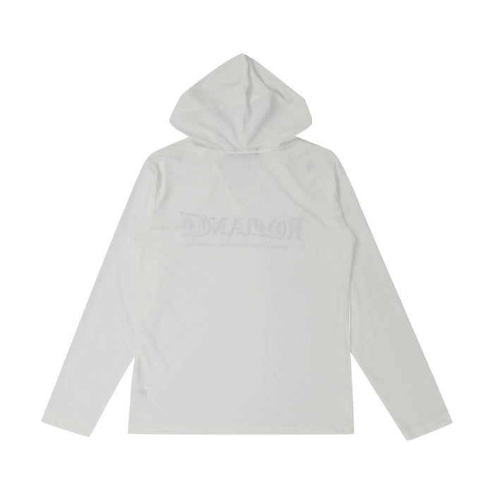White hooded long sleeve top, back view with plain solid finish