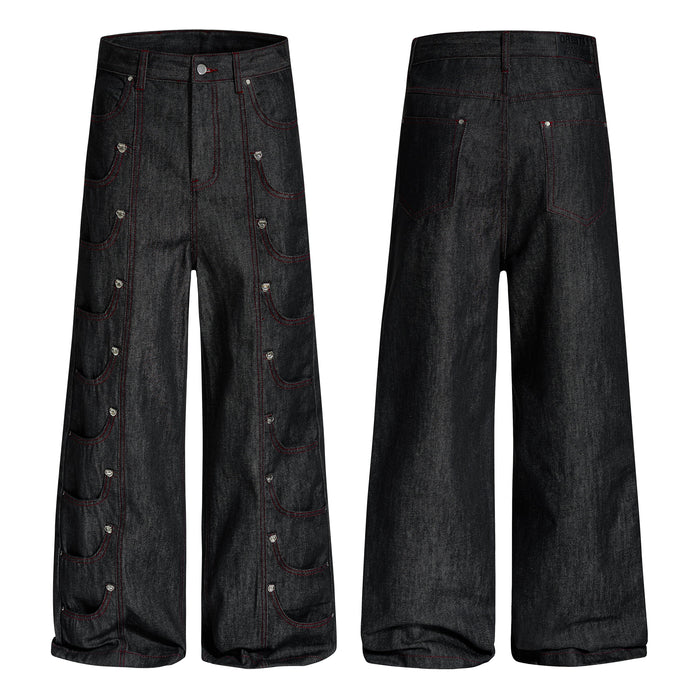 Black wide-leg denim pants with red contrast stitching and symmetrical snap-button scalloped pockets on both legs, front and