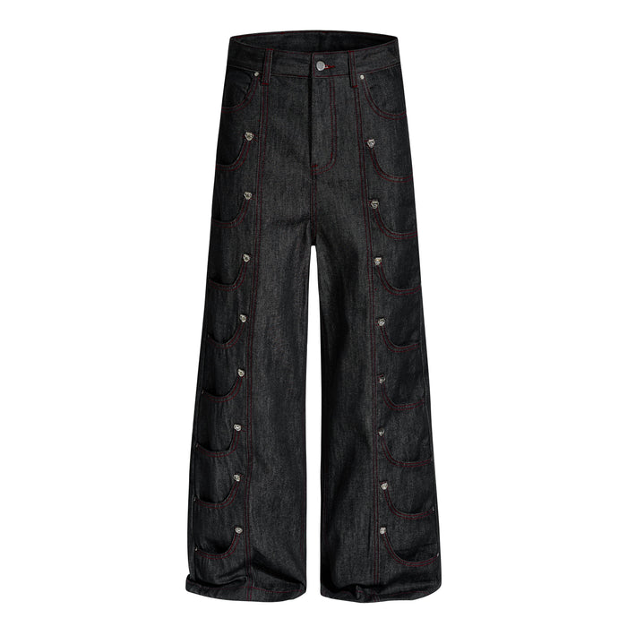 Front view of black wide-leg denim pants with red contrast stitching and multi-pocket design