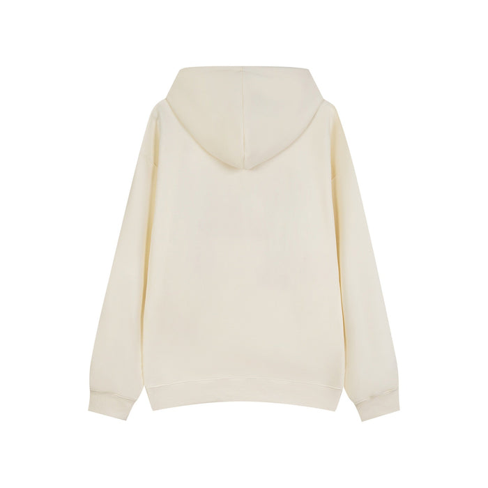 Cream hoodie back view with oversized hood and plain smooth finish