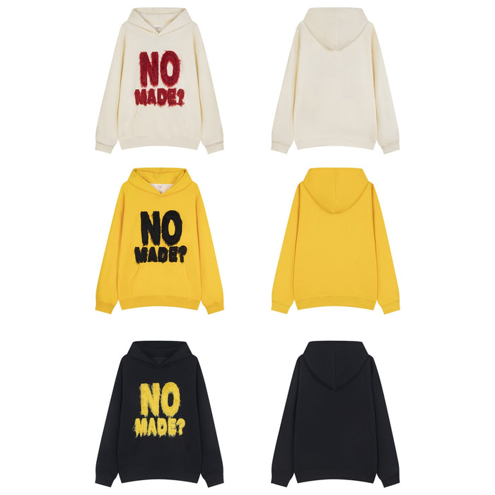 Four-color hoodie set showing front and back views in cream, yellow, and black